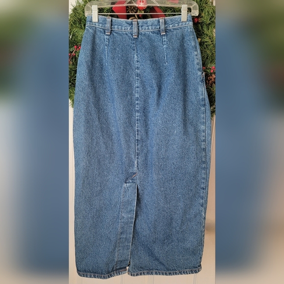 90s Vintg Denim Maxi Skirt Womens 7/8 Med Wash Blue 100% Cotton Fitted w/ Pleate - Picture 2 of 11